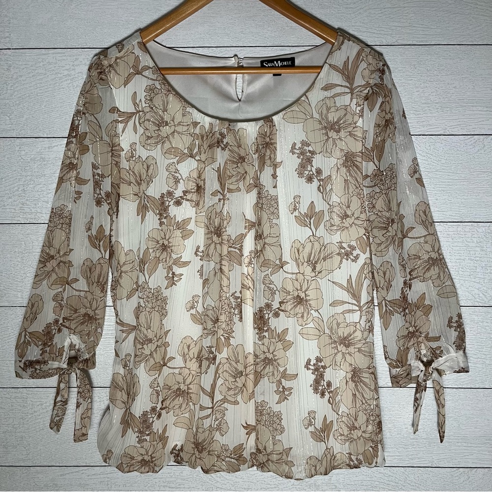 Sara Michelle Long Sleeve Floral Ivory Tan Gold Blouse Size Medium